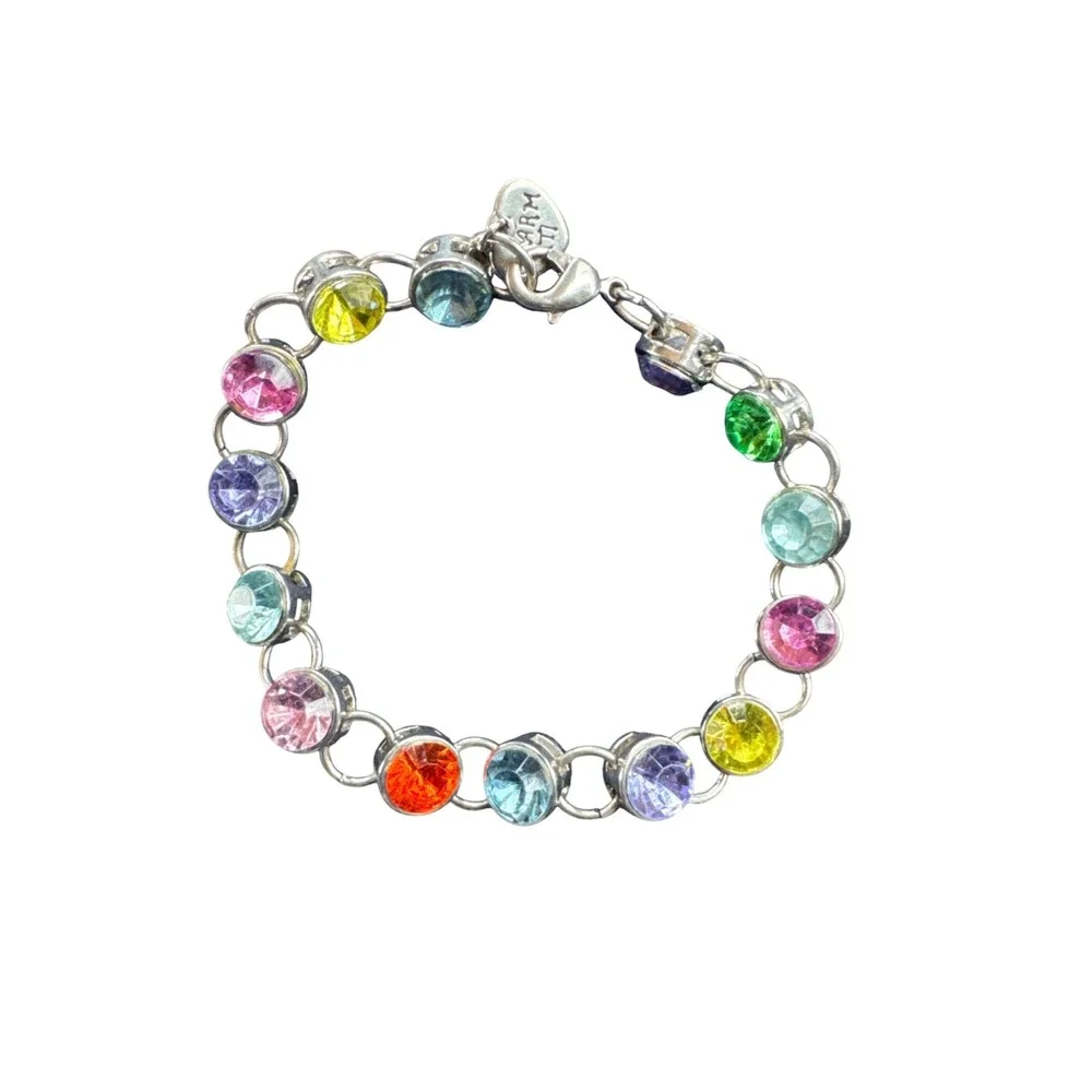 Charm Silver Tone Multi Color‎ Rhinestone Heart Charm Bracelet